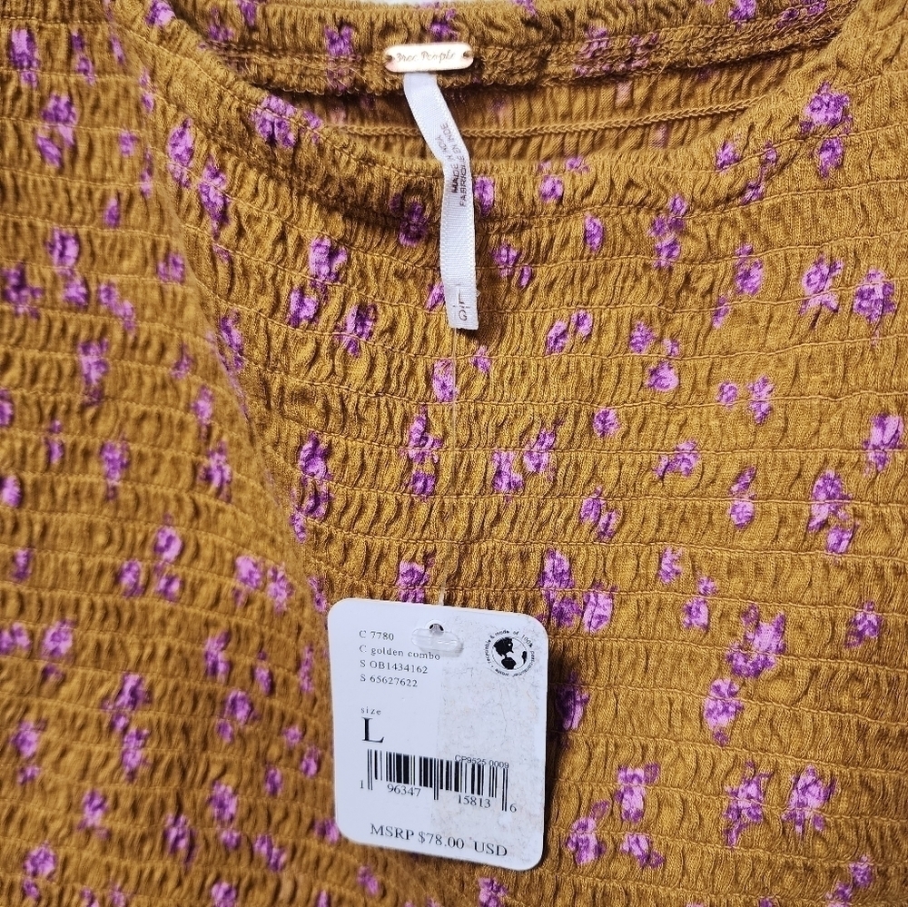Free People Marigold Smocked Top NWT in Golden Combo L Summer Beach Festival - Picture 3 of 7